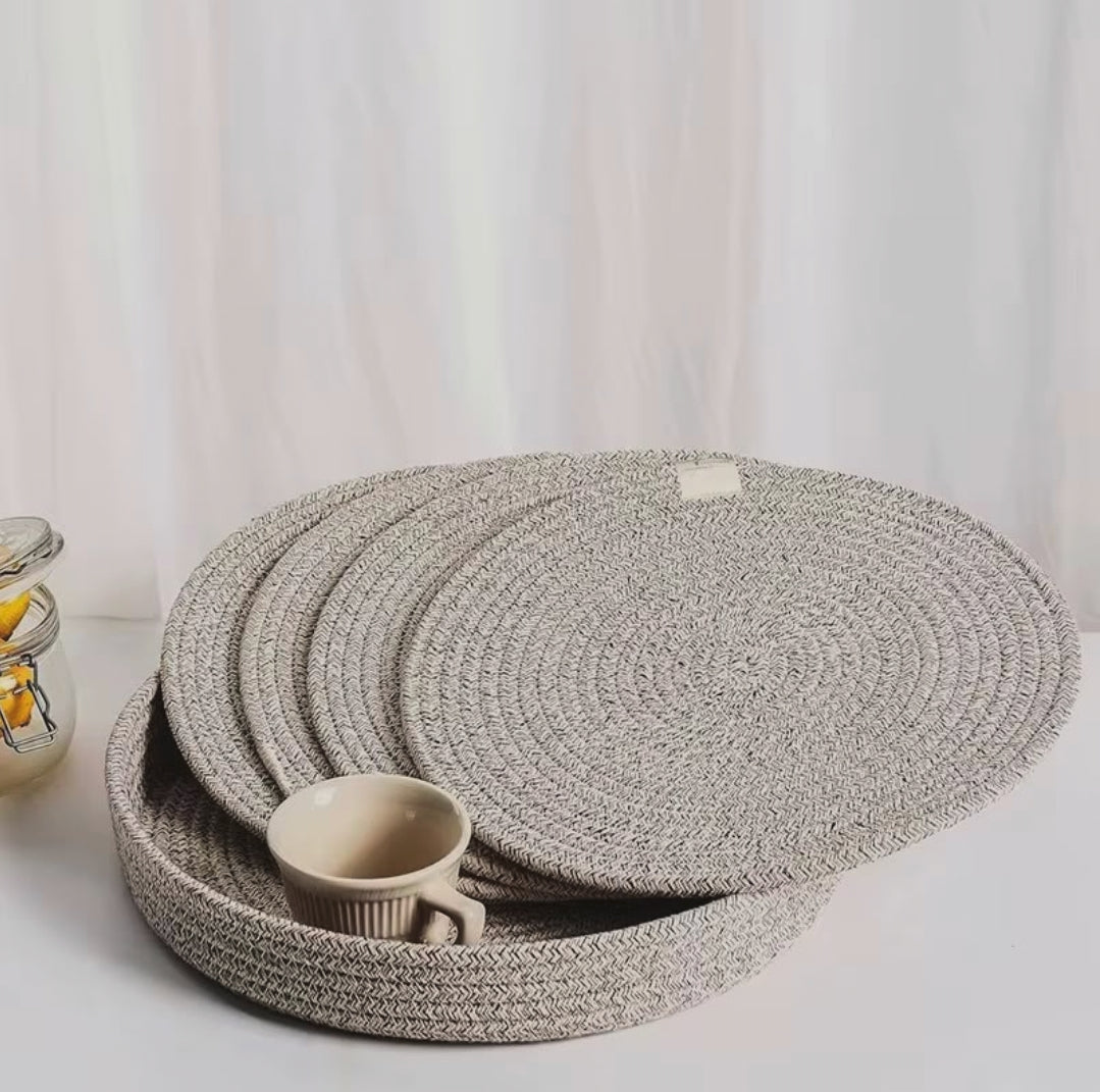 4 Piece Cotton Rope Woven Table Mat Set with Holder