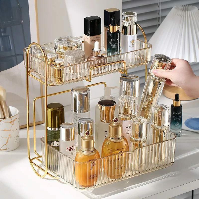 acrylic double layer cosmetic organizer large capacity transparent storage rack for makeup skincare toiletries snacks countertop vanity bathroom and bedroom organisation.
