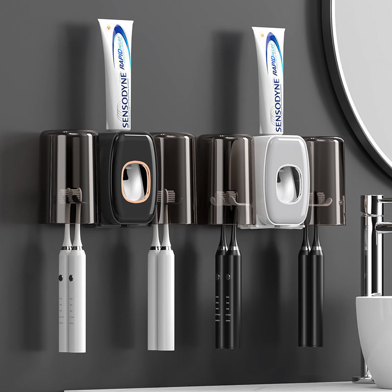 creative automatic toothpaste dispenser black toothbrush holder set with two rinsing cups wall mounted 