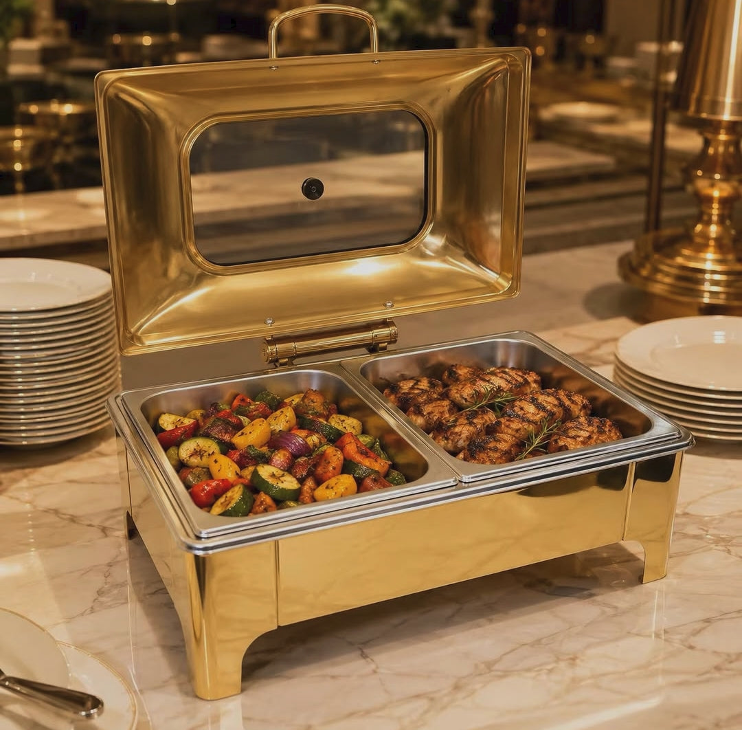 9L gold and silver chafing dishes available in single, double and triple configurations for buffet serving, catering and events.