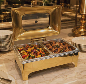 9L gold and silver chafing dishes available in single, double and triple configurations for buffet serving, catering and events.