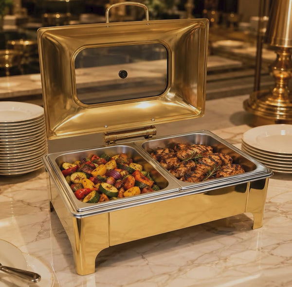 9L gold and silver chafing dishes available in single, double and triple configurations for buffet serving, catering and events.
