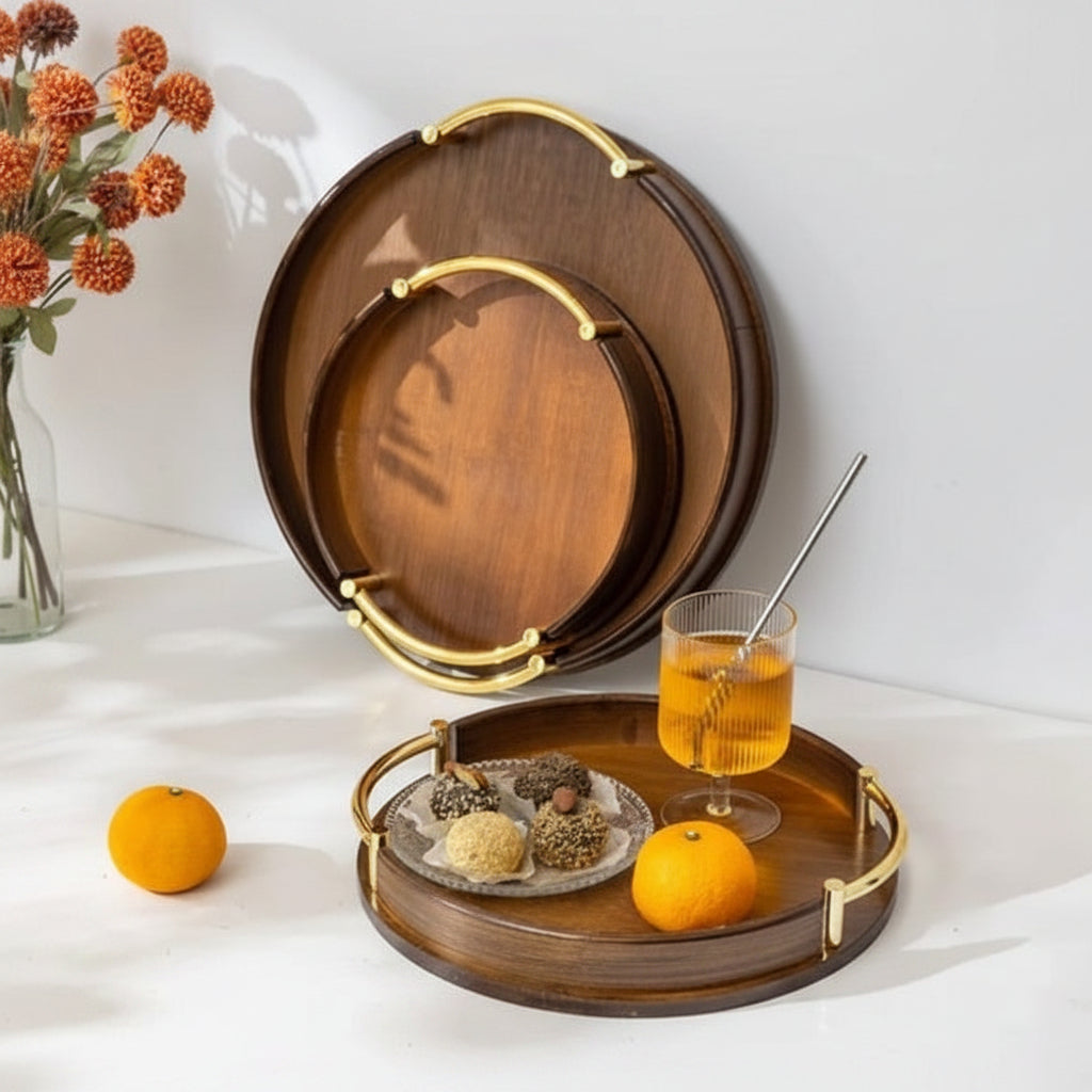 multifunctional bamboo food serving trays round bamboo wooden trays with customised metal handles natural serving platters