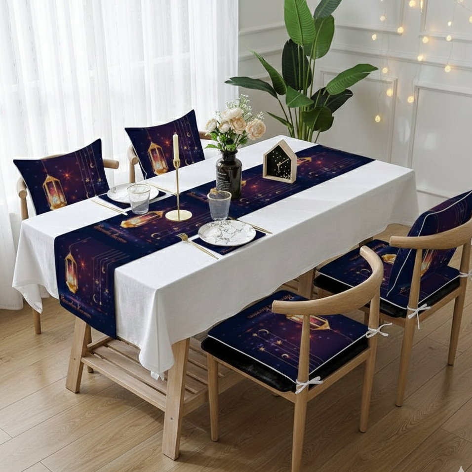 Ramadan Table Runner Set with 4 Pillow Cases, 45×45cm, Table Runner 33×180cm, Decorative Fabric, Festive Home Use