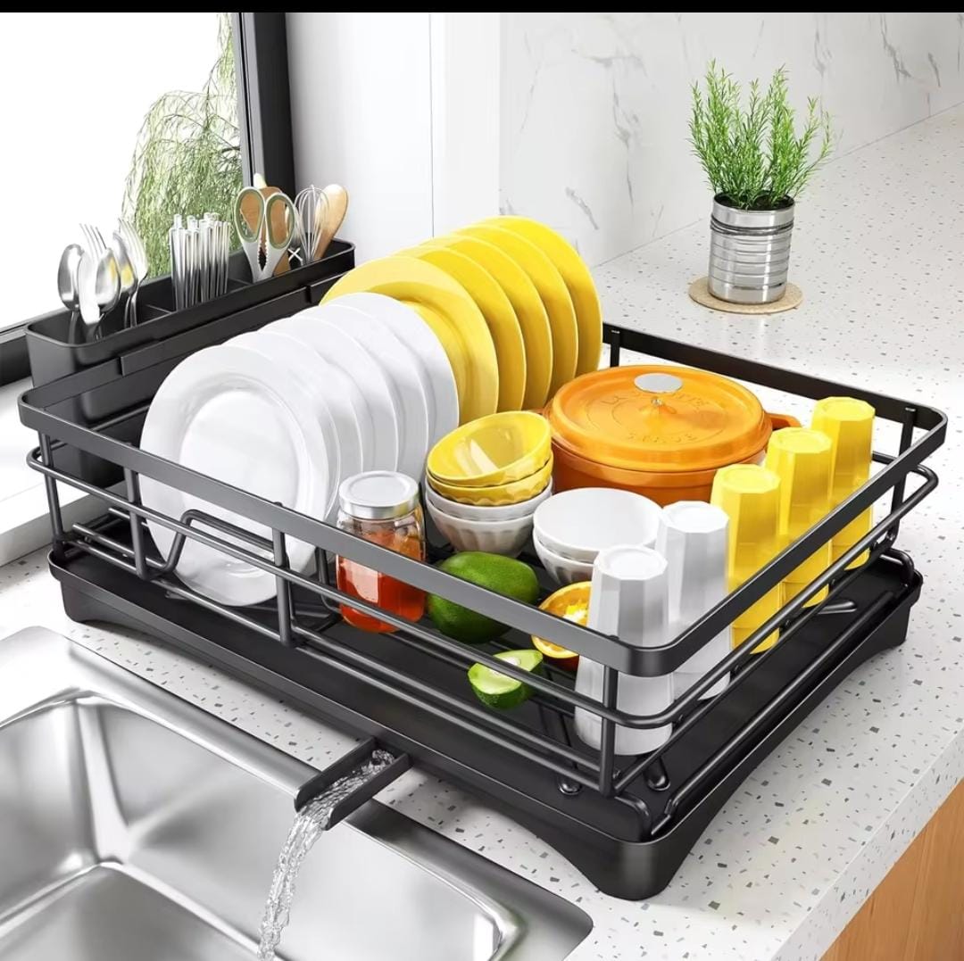 Single Layer Carbon Steel Dish Rack with Cutlery Holder