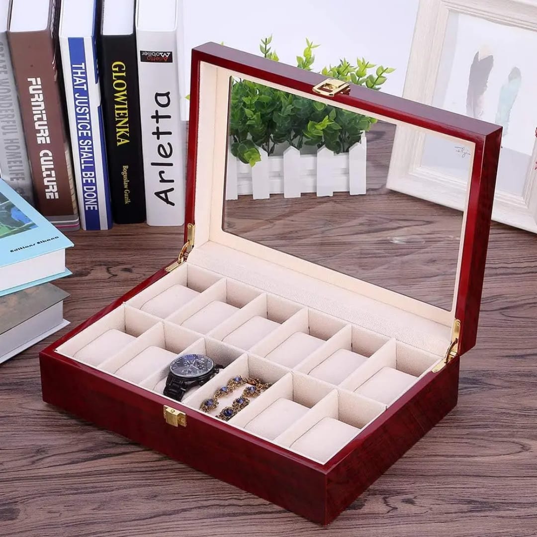 12-Slot Wooden Watch Organiser With Glass Top