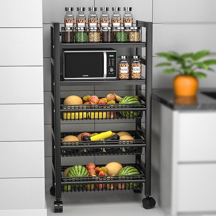 5-layer heavy-duty metallic vegetable rack with three mesh baskets, two shelves, and four movable wheels for kitchen vegetable and appliance storage