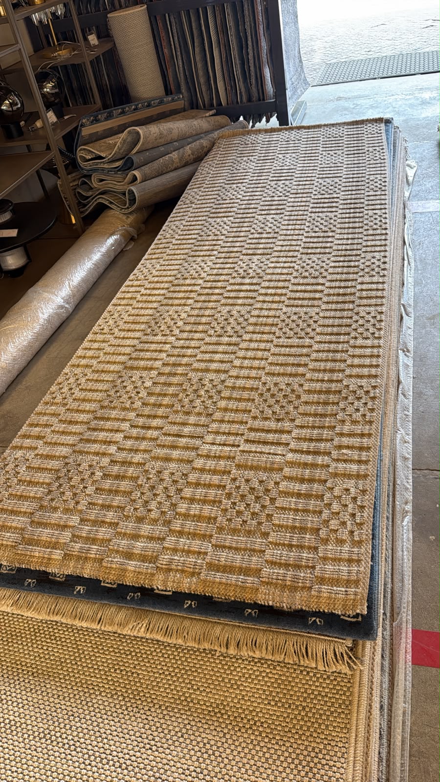 Gemelli Collection Timeless T13 beige woven corridor runner rug with raised tribal diamond pattern, vertical ribs and fringe ends