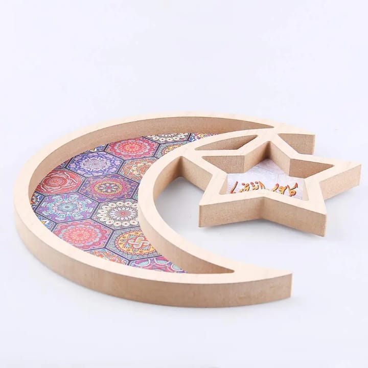 Ramadan Moon & Star Wooden Serving Tray Décor 30*28*15cm