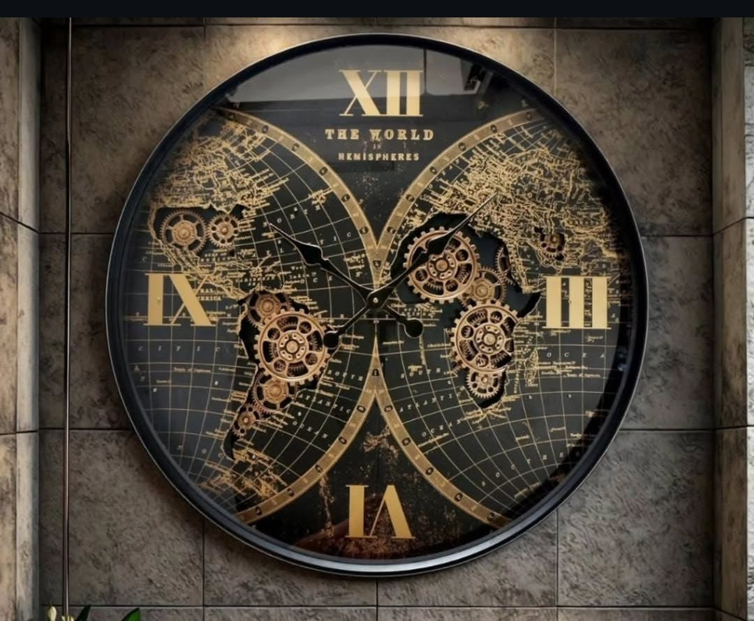 Decorative wall clock with butterfly design and gear details on a stone wall.