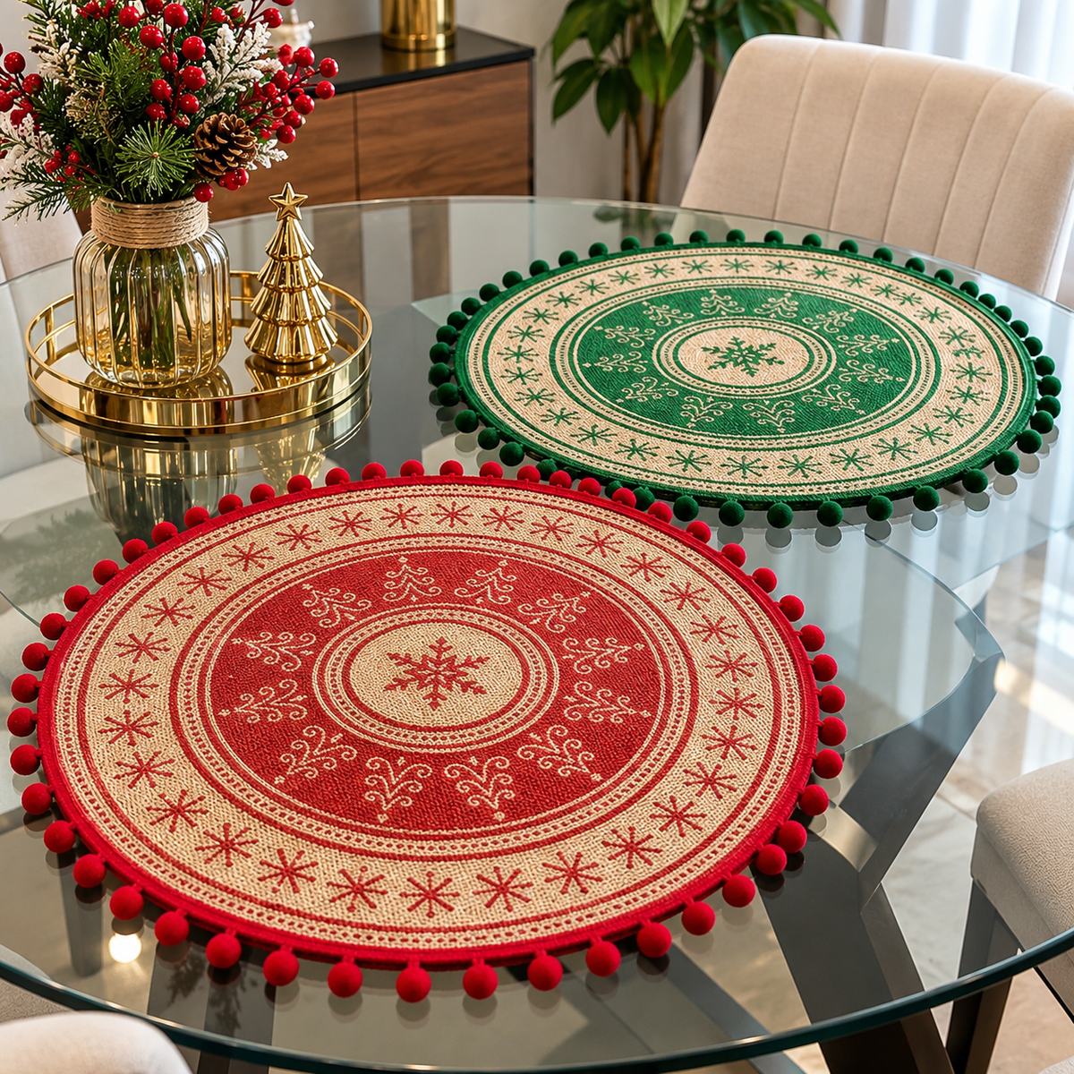 Set of 3 Round Jute Christmas Table Mats with Pom Pom Trim