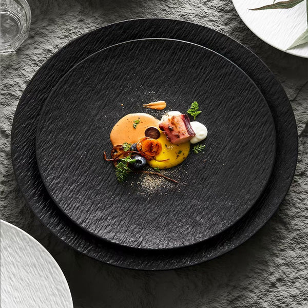 Gemelli Colllection rock stone texture ceramic tableware plates luxury restaurant style dinner plates black white ceramic plates steak salad serving dishes French style plating plates modern high end dining tableware set artistic ceramic dinner plates for home and restaurant use
