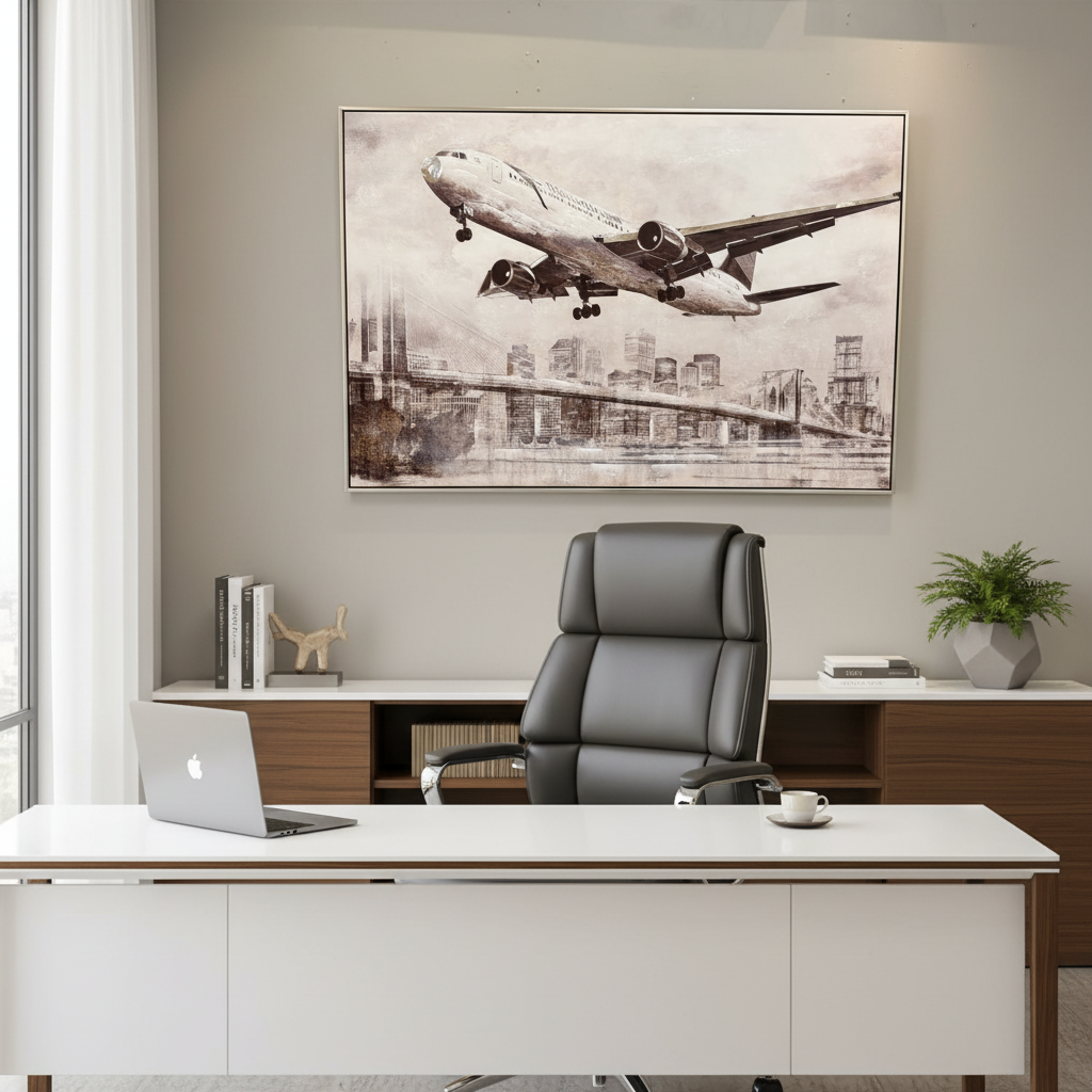 Framed plane flying over city oil painting with textured detailing designed for modern offices, living rooms, and aviation-inspired interiors