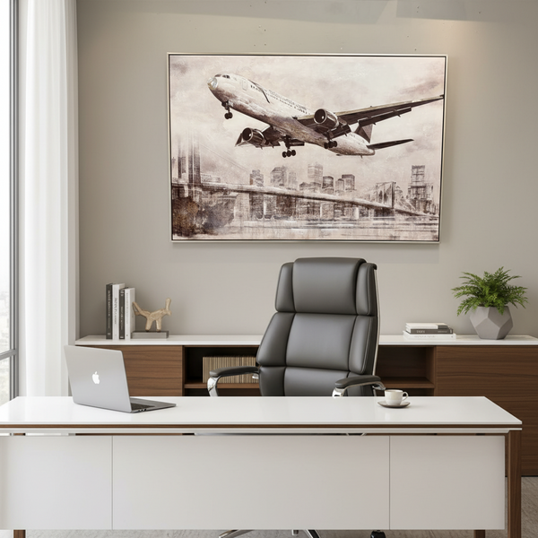 Framed plane flying over city oil painting with textured detailing designed for modern offices, living rooms, and aviation-inspired interiors