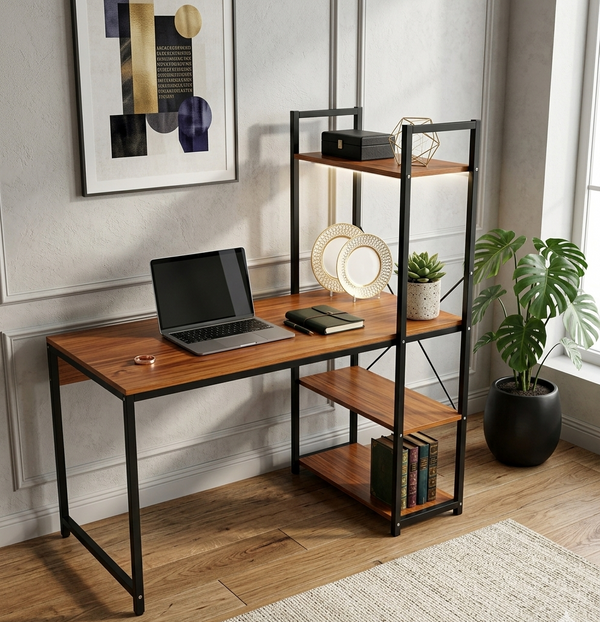 Gemelli Colllection modern work station desk office study gaming desk with shelves wood and metal computer desk home office workspace content creation desk 120x65x140cm