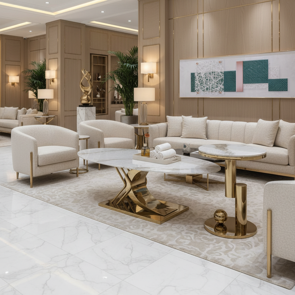 2-Piece Marble Top Gold Stainless Steel Designer Coffee Table Set