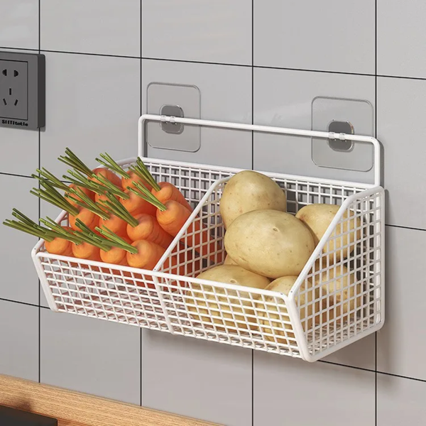 Gemelli Colllection wall mounted kitchen storage basket metal wire organizer spices garlic onions vegetable storage rack space saving kitchen organiser