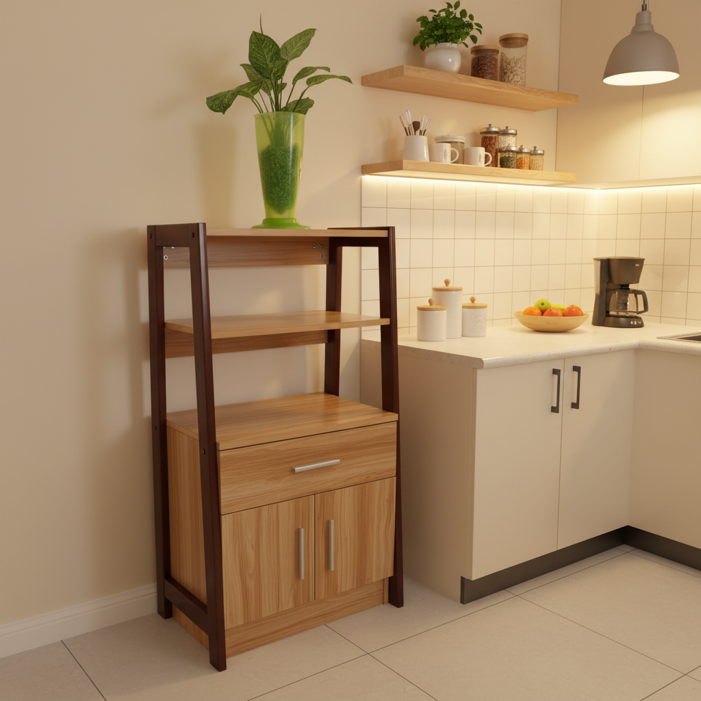 3-tier wooden display cabinet with open shelves, drawer, and two-door storage cabinet in light oak and dark walnut finish.