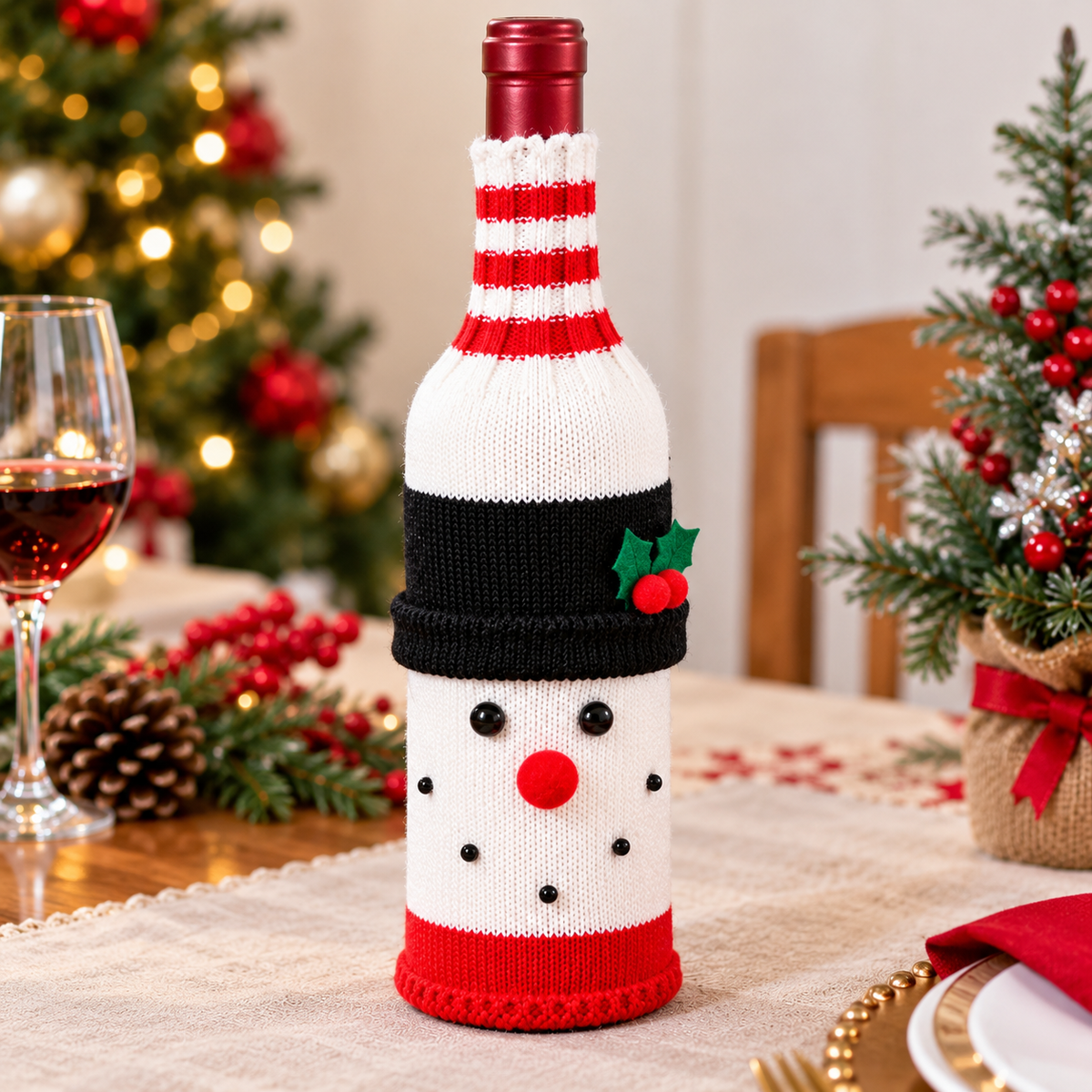 Woven Christmas Wine Bottle Covers Santa and Snowman Designs