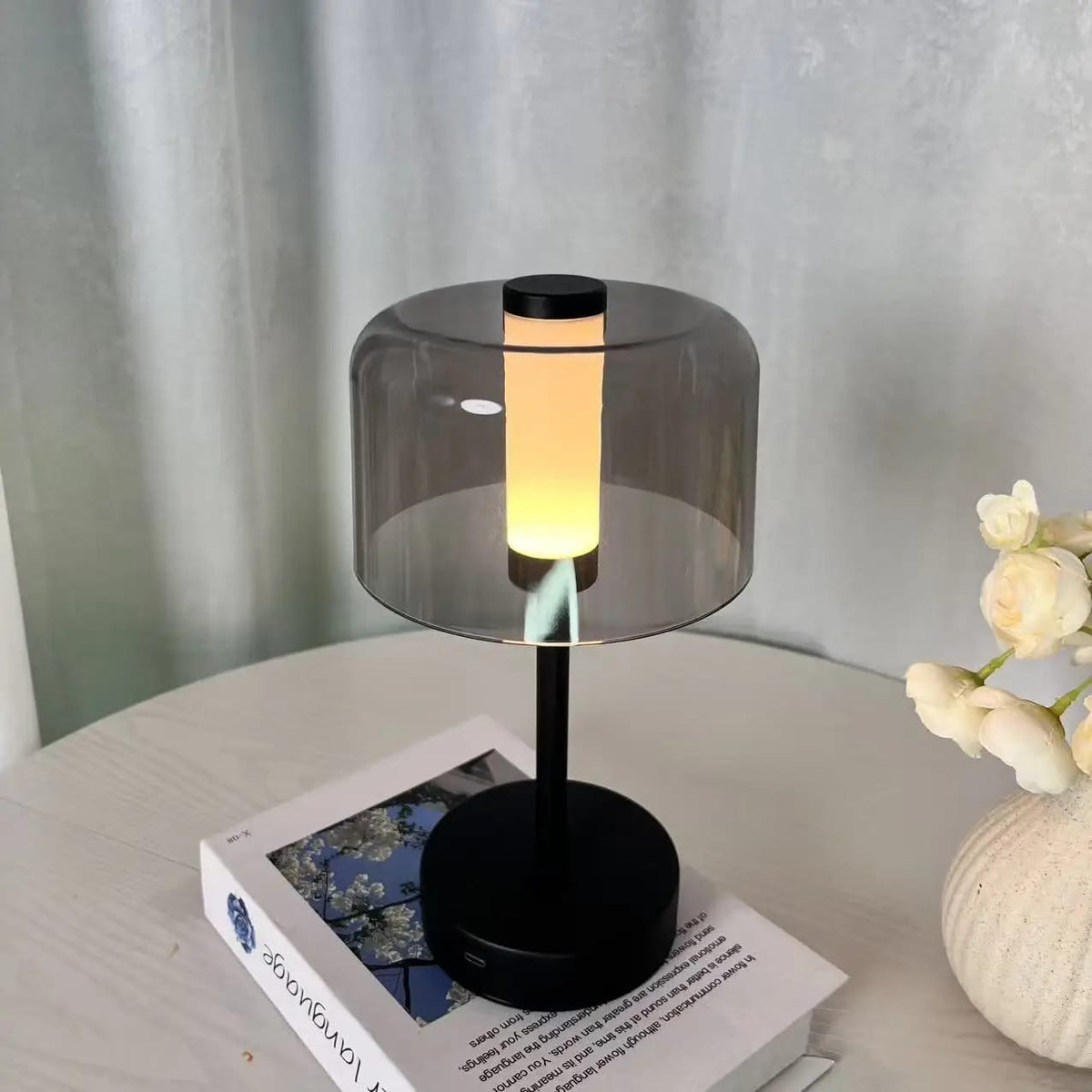 Touch control rechargeable table lamp with infinitely dimmable LED lighting and magnetic charging for bedrooms offices and bedside use.