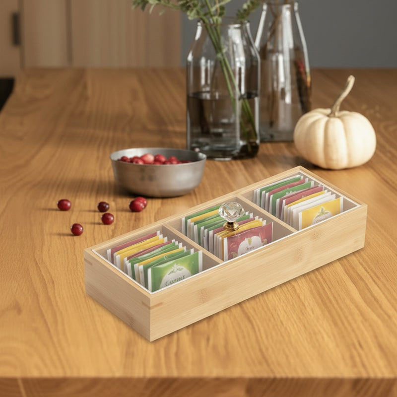 3-slot wooden tea bag and candy organizer with acrylic lid bamboo storage box for tea bags sweets sugar sachets coffee accessories snacks countertop coffee station and kitchen organisation.