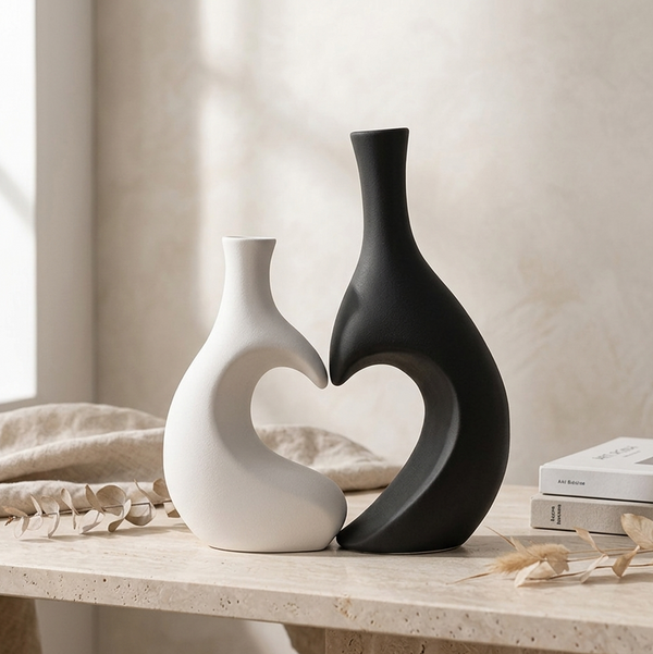 Black and white ceramic love heart vase set for home décor and flower display