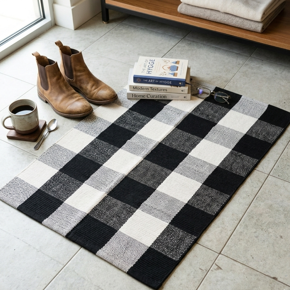Black and white checkered monochrome woven rug 60x90cm for modern home décor