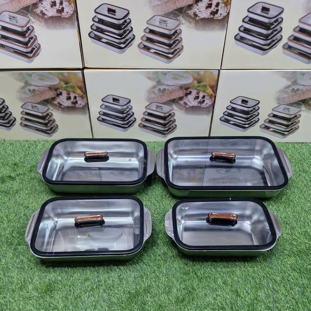 4-Piece Stainless Steel Serving Containers with Glass Lids