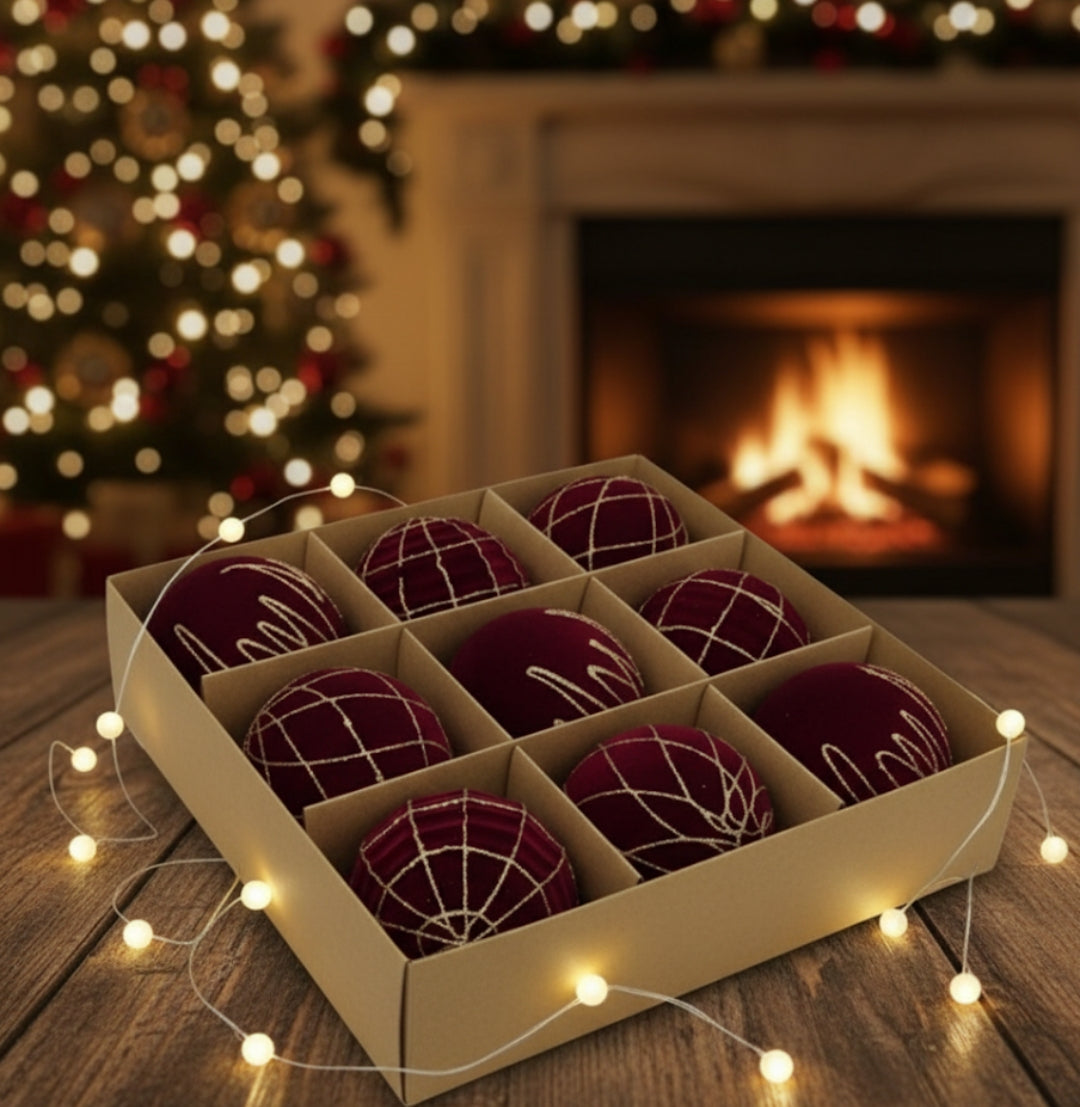 9 pcs Set Velvet Maroon Ornaments