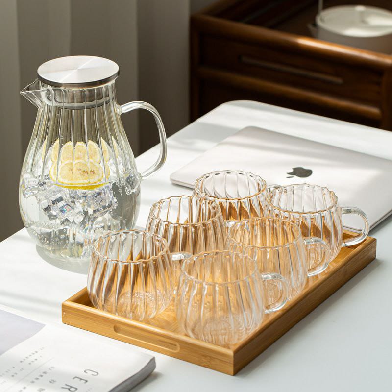 9pcs Borosilicate Glass Teapot and Cup Set – Striped Pumpkin Jug with Stand, Tray and 6 Snowflake Cups for Tea, Coffee, Juice and Beverage Serving