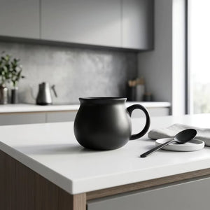 black pot-shaped aesthetic mug with a playful design for serving coffee, tea and hot chocolate, suitable for everyday drinkware collections, home coffee stations, desks and gifting.
