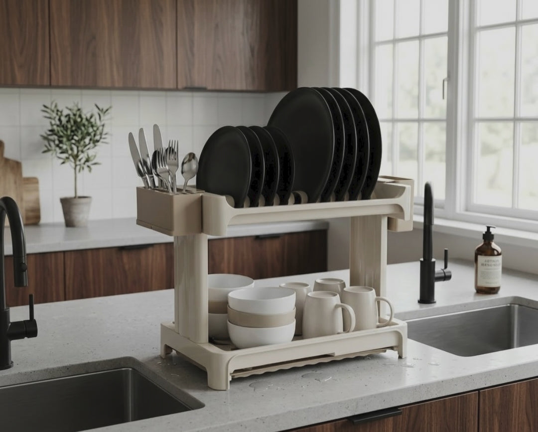 Gemelli Collections heavy duty cream plastic 2 tier dish rack 45 x 38 x 27 cm with plate slots, utensil caddies and removable drip trays.