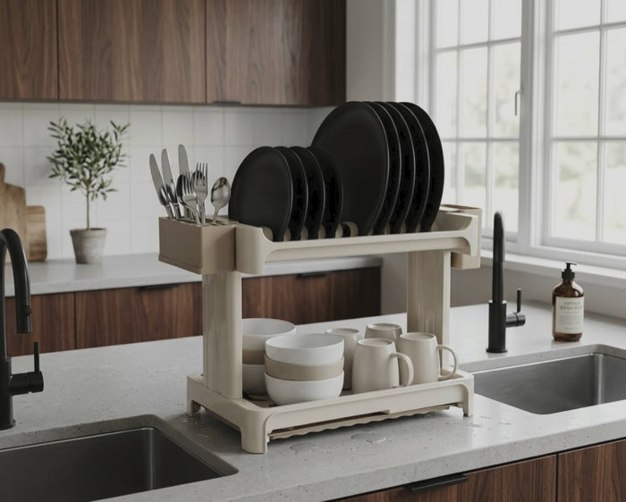 Gemelli Collections heavy duty cream plastic 2 tier dish rack 45 x 38 x 27 cm with plate slots, utensil caddies and removable drip trays.
