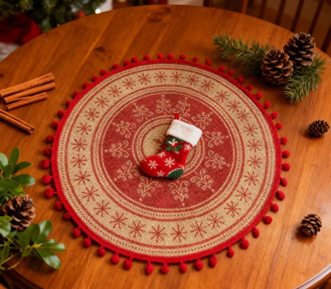 Set of 3 Round Jute Christmas Table Mats with Pom Pom Trim