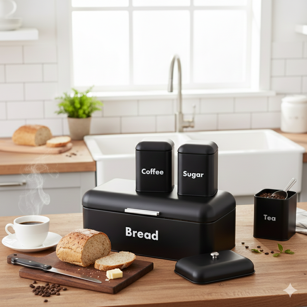 Bread bin with three canister set in white, black, grey, and green for kitchen countertop storage.