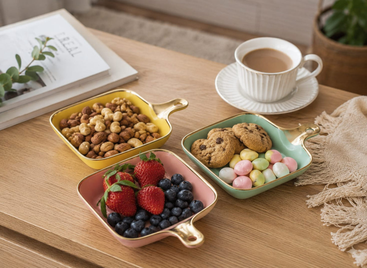 Gemelli Collections ceramic snack rectangle plate yellow and pink serving platter for fruits desserts snacks and appetizers.