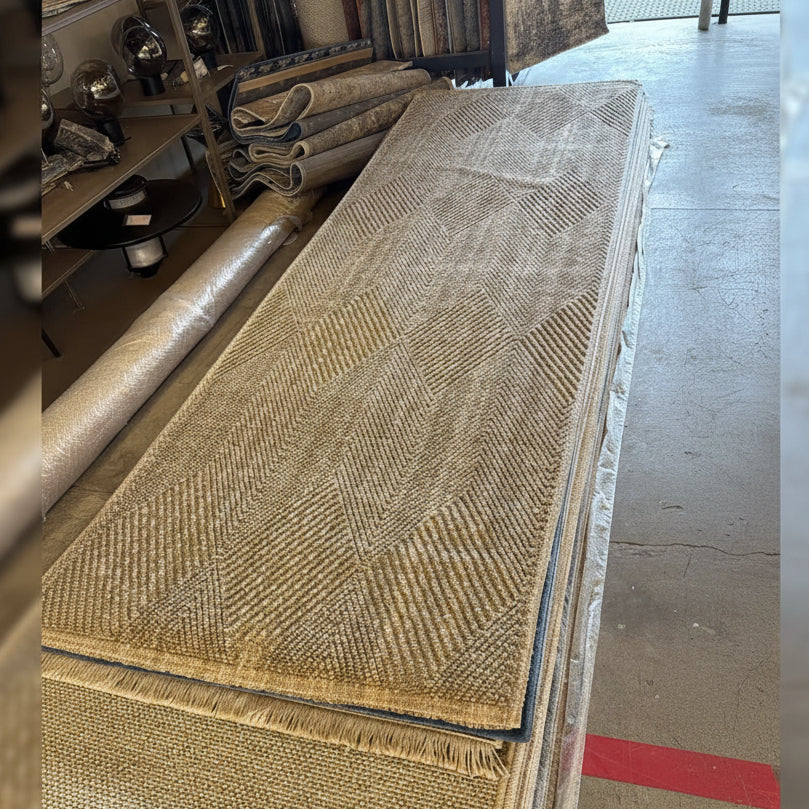 Gemelli Collection Timeless T26 beige brown woven corridor runner rug with geometric diamond chevron pattern, raised texture and fringe