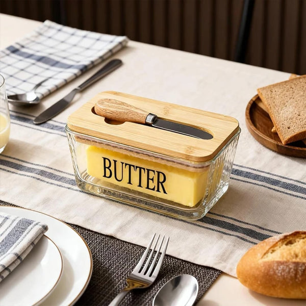 glass butter dish with bamboo lid and butter knife airtight butter storage container for kitchen countertop dining table and refrigerator