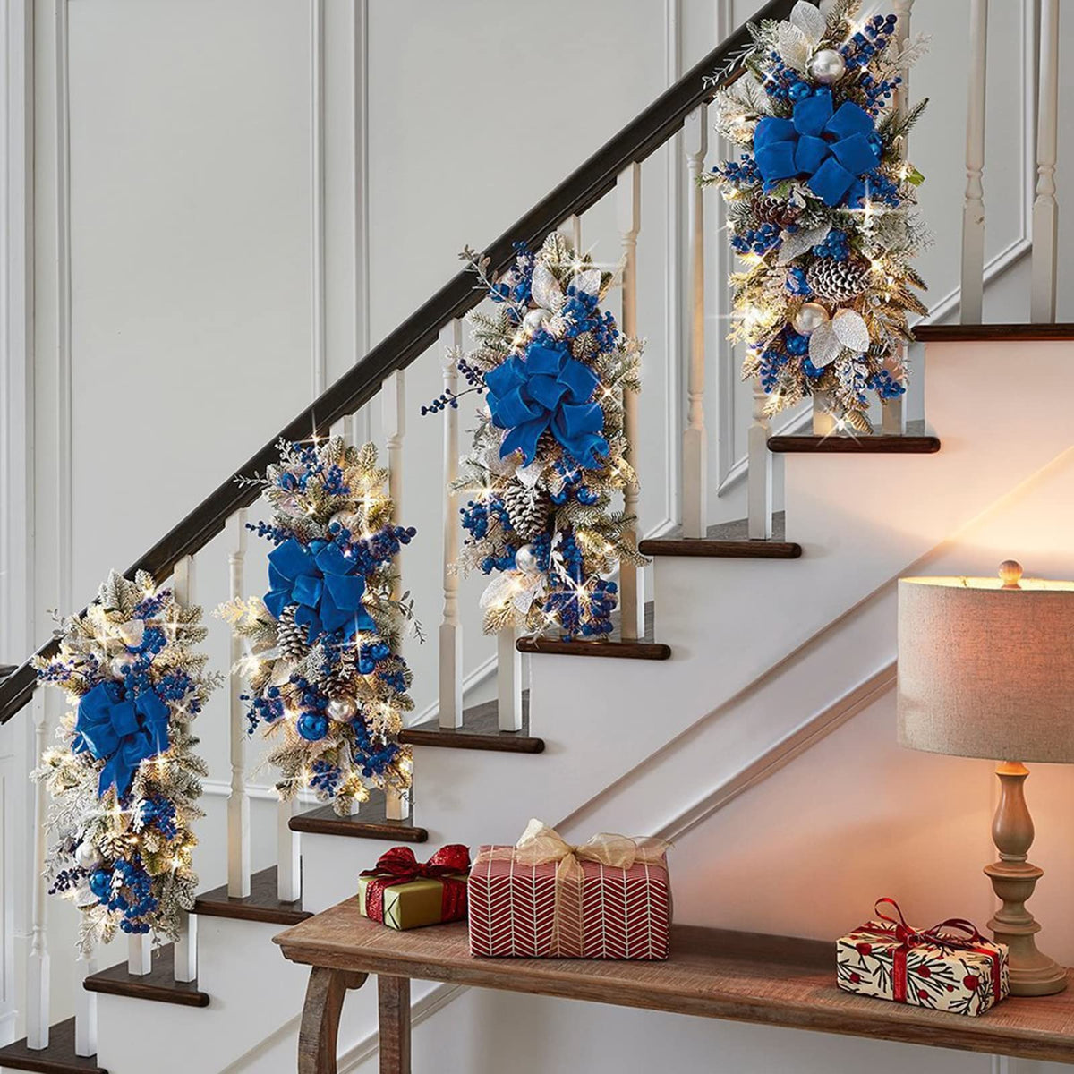 Christmas Staircase Swag Wreath with LED Lights and Ornaments