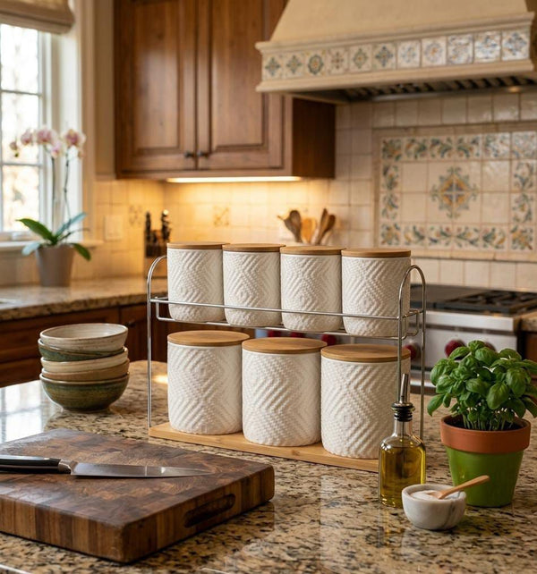 8-piece Ceramic Canister Set with Airtight Bamboo Lids and Matching Tray, Stylish Kitchen Storage for Dry Foods, Coffee, Tea, and Pantry Organization