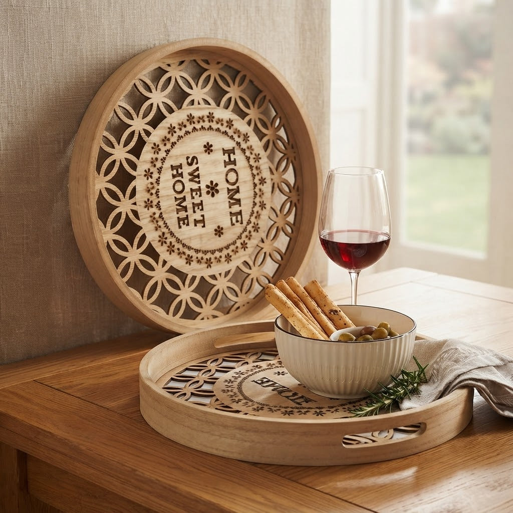 Gemelli Collections 2 piece Nordic decorative round wood and glass tray set with 35 x 4 cm and 30 x 4 cm trays.