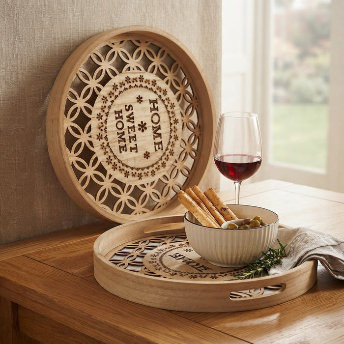 Gemelli Collections 2 piece Nordic decorative round wood and glass tray set with 35 x 4 cm and 30 x 4 cm trays.