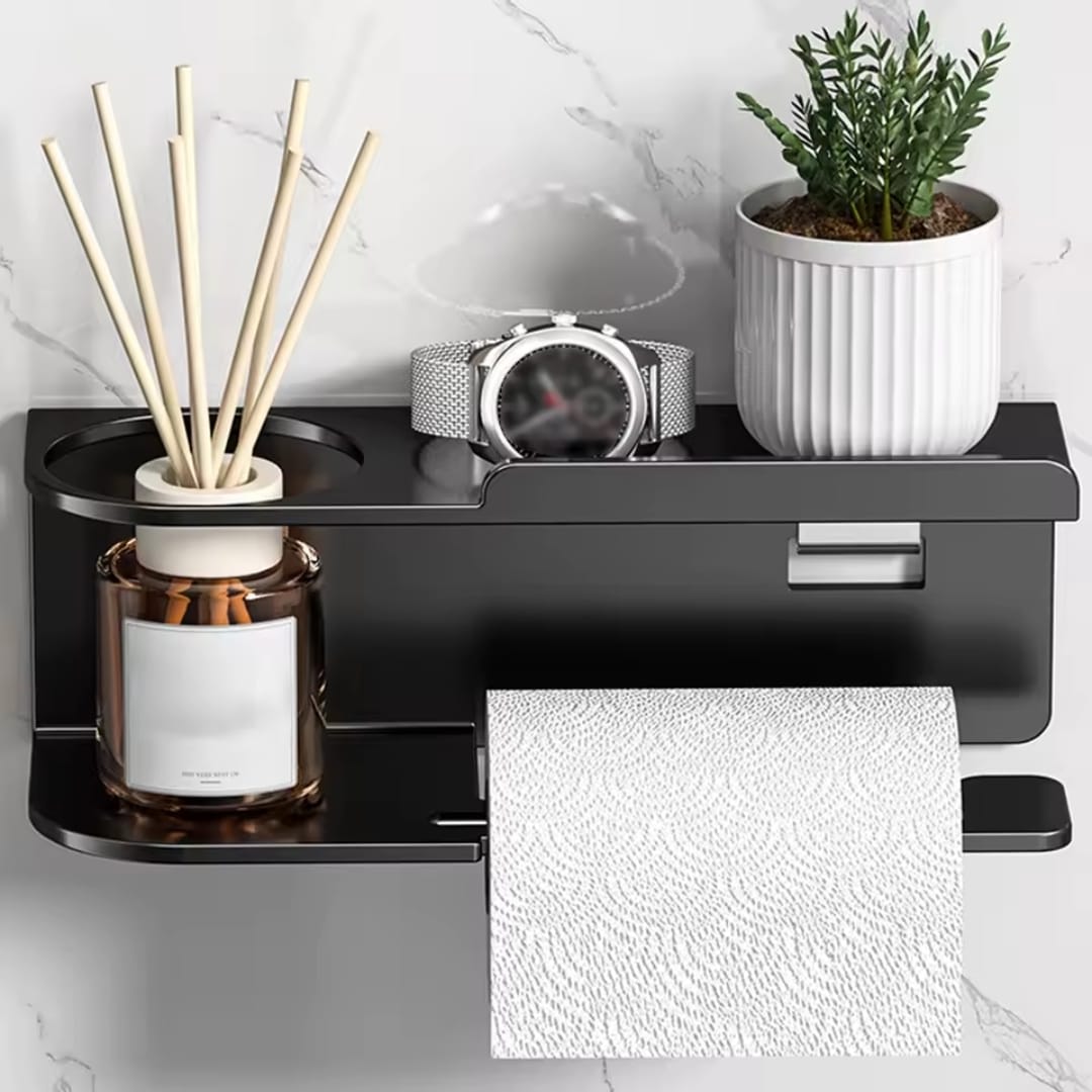 Toilet Paper Holder, Wall-Mounted with Shelf Metal Bathroom Organizer
