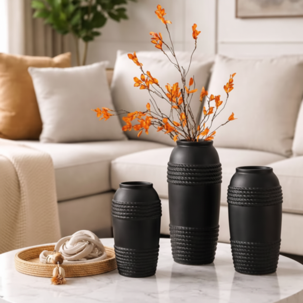 3-piece ceramic vase set with unique design and varying heights for displaying flowers pampas grass and decorative arrangements in home and office spaces