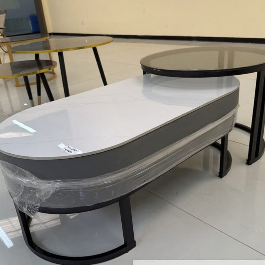 Oval Marble-Top Coffee Table Set with Round Side Table – FCT 002