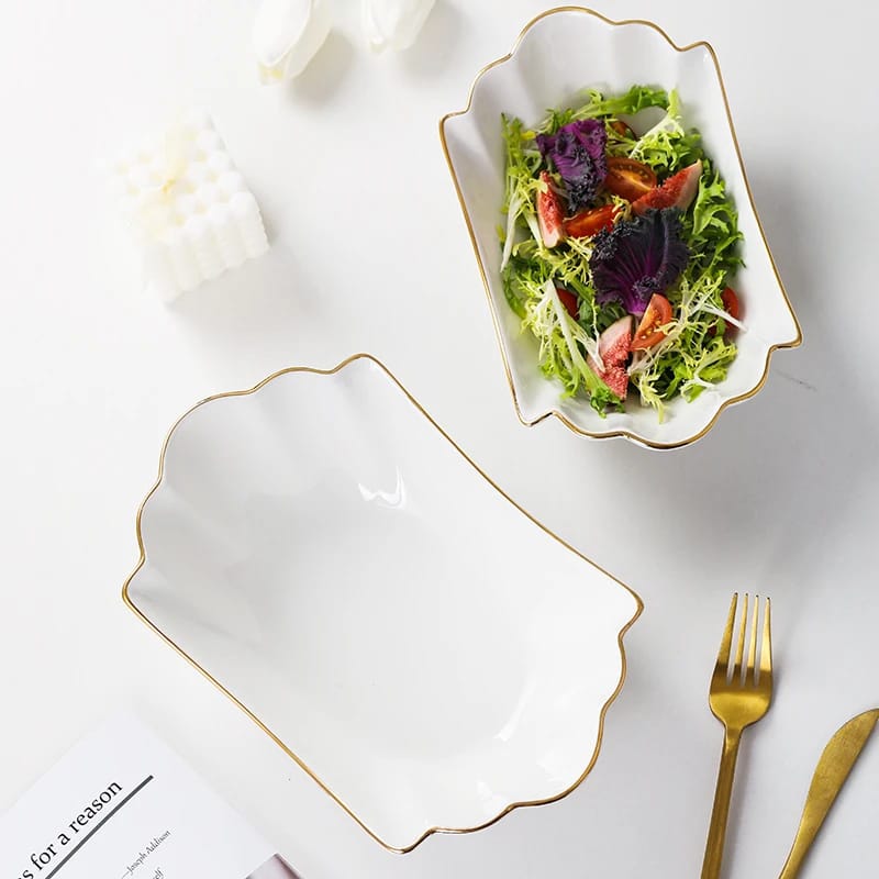 European gold trim ceramic bowl with elegant glazed finish