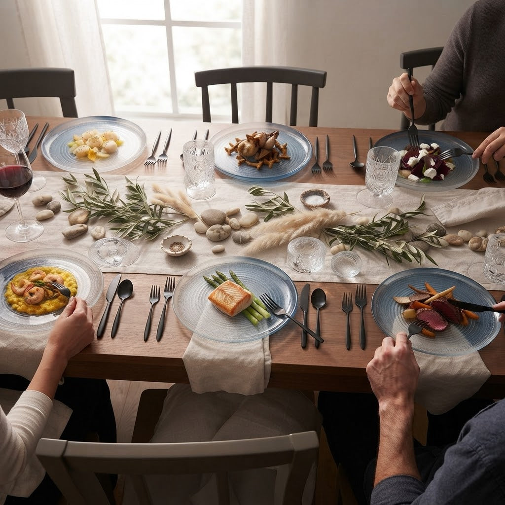 6-piece translucent smoky ombre glass plate set with textured surfaces fading from clear to smoky blue