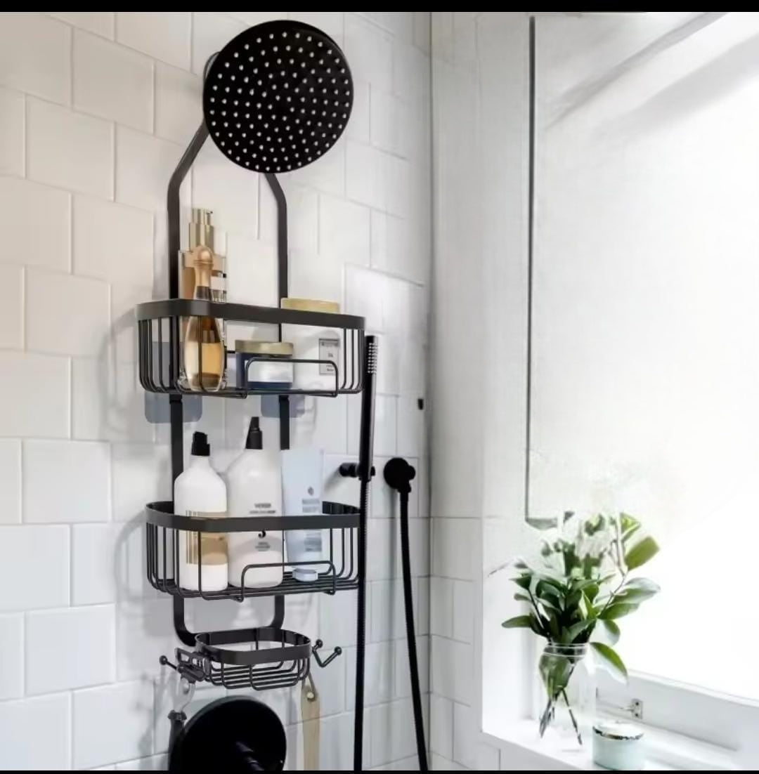 Bathroom shower caddy that hangs over the shower head with adhesive stickers for storing shampoo, conditioner, shower gel, soap, and bathing essentials