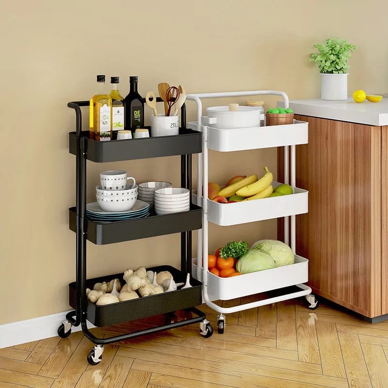 3 layer metal rolling storage trolley with wheels space saving organiser rack for kitchen bathroom salon baby products and household storage available in white and black 84x45x35cm.
