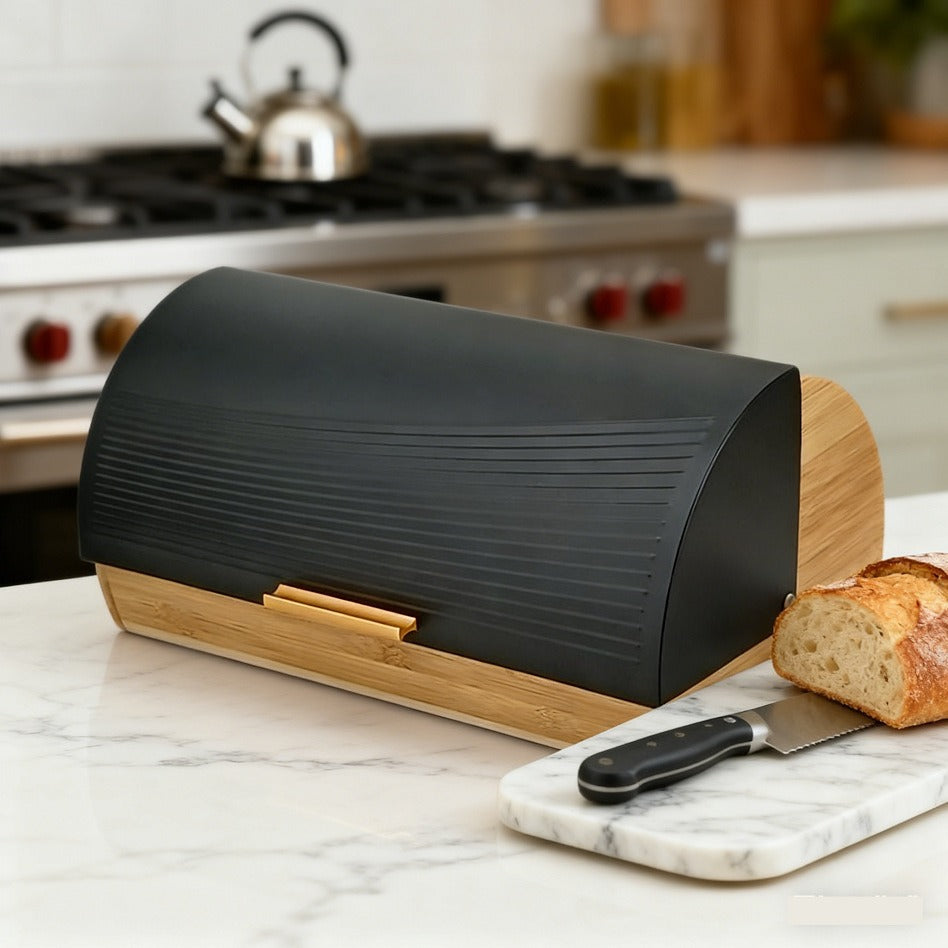 Bamboo bread box with roll-top black lid and moisture-absorbing base for keeping bread fresh and organised on the kitchen counter